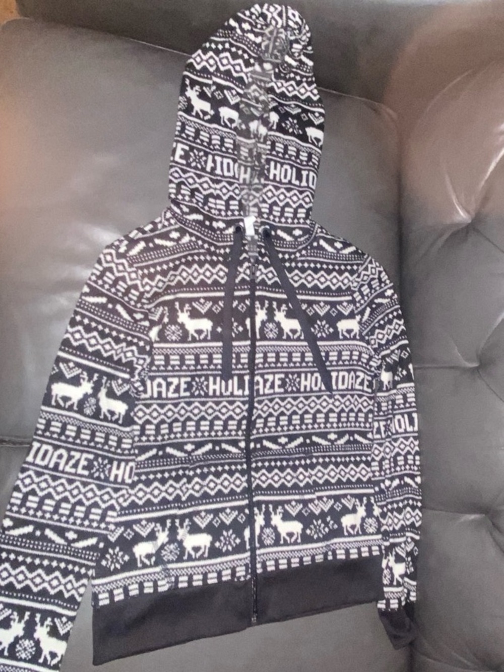Women's Black & White Holiday Zip-Up Hooded Sweater